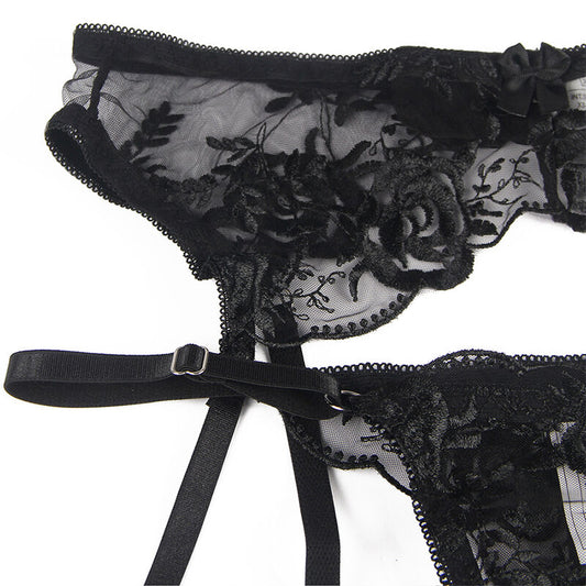 SUBBLIME - 3-PIECE SET BRA + THONG + GARTER FLORAL PRINT BLACK L/XL