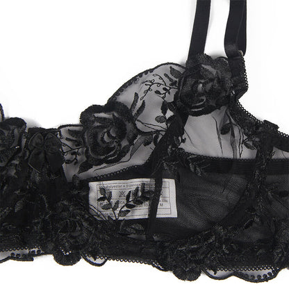 SUBBLIME - 3-PIECE SET BRA + THONG + GARTER FLORAL PRINT BLACK L/XL