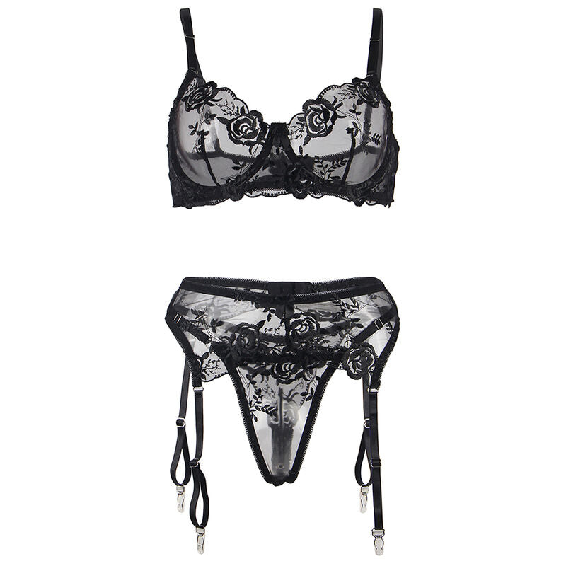 SUBBLIME - 3-PIECE SET BRA + THONG + GARTER FLORAL PRINT BLACK L/XL