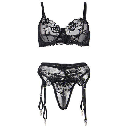 SUBBLIME - 3-PIECE SET BRA + THONG + GARTER FLORAL PRINT BLACK L/XL