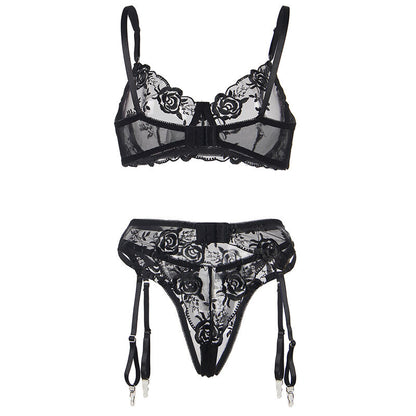 SUBBLIME - 3-PIECE SET BRA + THONG + GARTER FLORAL PRINT BLACK L/XL