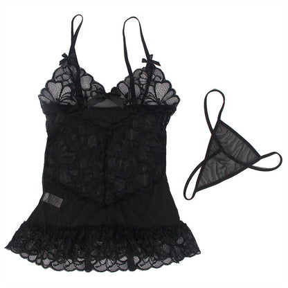 SUBBLIME - BABYDOLL WITH ADJUSTABLE STRAPS AND TRANSPARENT LACE FLORAL PRINT BLACK L/XL - 11