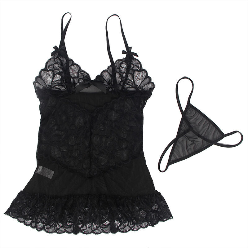 SUBBLIME - BABY DOLL WITH ADJUSTABLE STRAPS AND TRANSPARENT LACE FLORAL PRINT BLACK L/XL