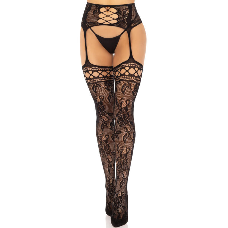 LEG AVENUE - FLORAL LACE GARTER STOCKINGS BLACK - 4