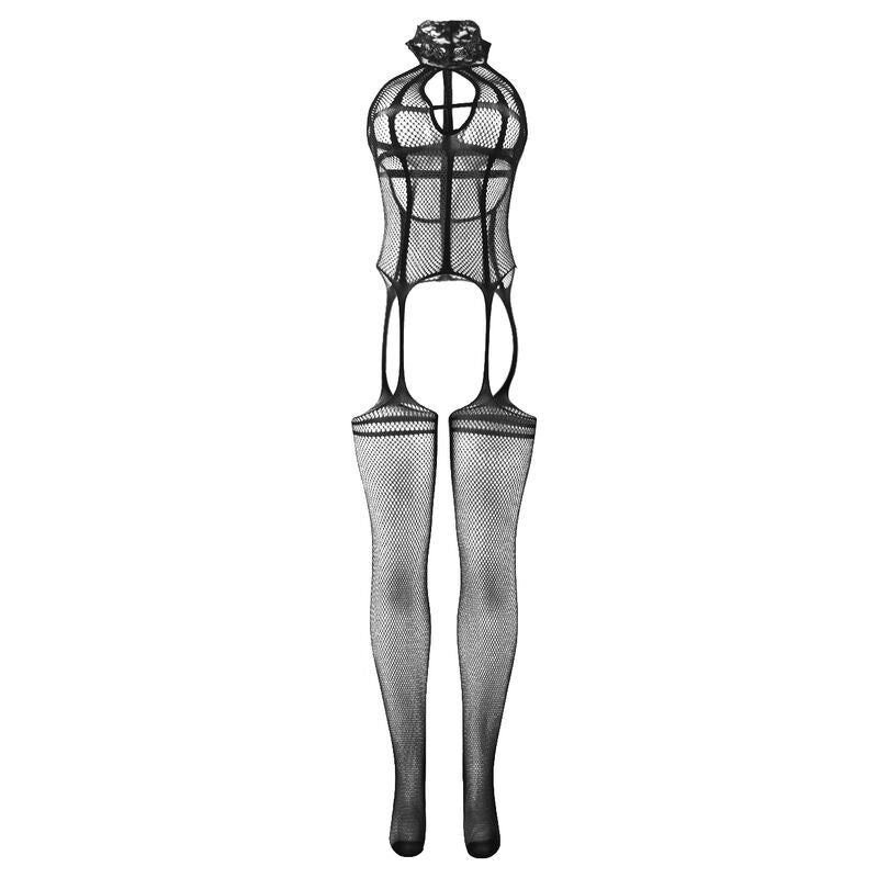 SUBBLIME - 951986 CROTCHLESS MESH BODYSTOCKING WITH NECK PRINTS BLACK ONE SIZE