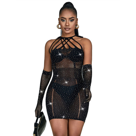SUBBLIME - 952235 FISHNET DRESS WITH RHINESTONES  BLACK ONE SIZE - 1