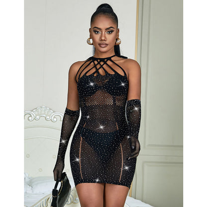 SUBBLIME - 952235 FISHNET DRESS WITH RHINESTONES  BLACK ONE SIZE - 6