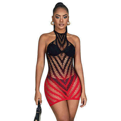 SUBBLIME - 952242 RED AND BLACK DEGRADED ELASTIC FISHNET DRESS ONE SIZE - 3