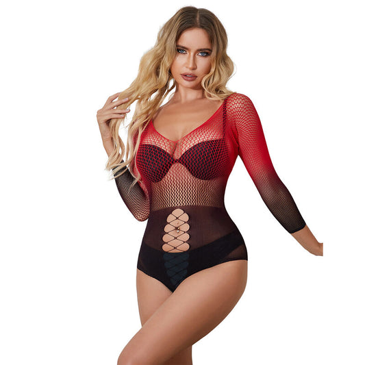SUBBLIME - 952259 RED AND BLACK GRADIENT LONG SLEEVE ELASTIC FISHNET DRESS ONE SIZE - 1