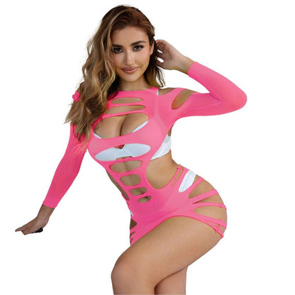 SUBBLIME - 952273 LONG SLEEVE ELASTIC FISHNET DRESS PINK ONE SIZE - 7