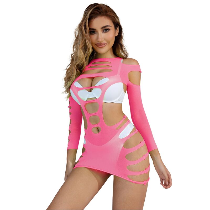 SUBBLIME - 952273 LONG SLEEVE ELASTIC FISHNET DRESS PINK ONE SIZE - 4