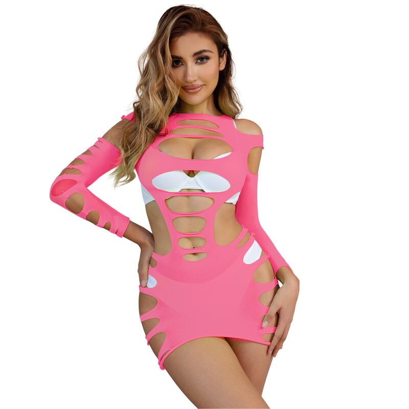 SUBBLIME - 952273 LONG SLEEVE ELASTIC FISHNET DRESS PINK ONE SIZE - 3