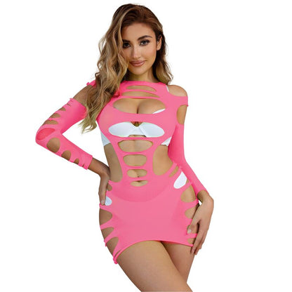 SUBBLIME - 952273 LONG SLEEVE ELASTIC FISHNET DRESS PINK ONE SIZE - 3