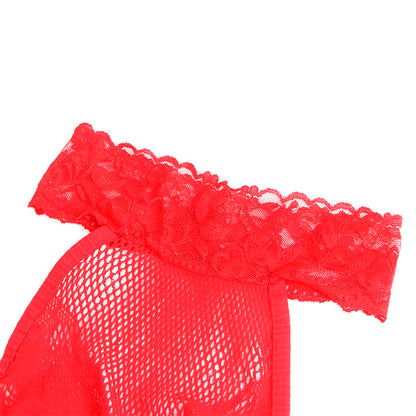 SUBBLIME - 952372 FISHNET AND LACE CROTCHLESS BODYSTOCKING WITH HIGH NECK RED ONE SIZE - 4