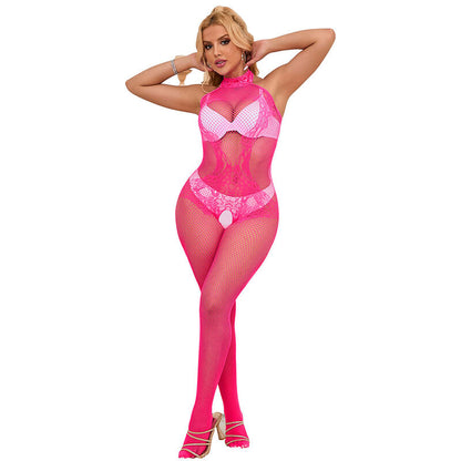 SUBBLIME - 952389 FISHNET AND LACE CROTCHLESS BODYSTOCKING WITH HIGH NECK PINK ONE SIZE - 10