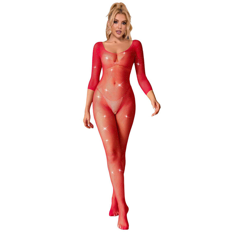 SUBBLIME - 952419 FISHNET BODYSTOCKING WITH DIAMONDS LONG SLEEVE RED ONE SIZE - 6