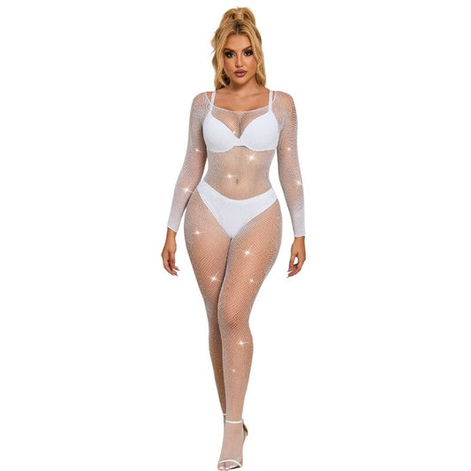 SUBBLIME - 952396 FISHNET BODYSTOCKING WITH DIAMONDS LONG SLEEVE WHITE ONE SIZE - 1