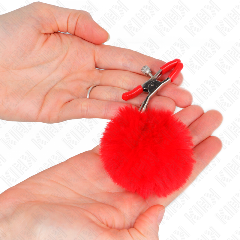 KINK - 6 CM RED FAUX FUR BALL NIPPLE CLAMPS