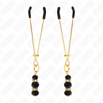 KINK - GOLD THIN NIPPLE CLAMPS WITH 3 BLACK GLASS BEADS 7 CM - 4