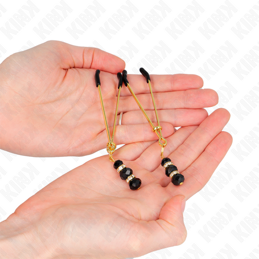 KINK - GOLD THIN NIPPLE CLAMPS WITH 3 BLACK GLASS BEADS 7 CM - 1