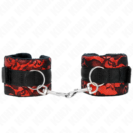 KINK - SHORT VELVET LACE WRIST RESTRAINTS AND NYLON BIND RED / BLACK 23 X 6.5 CM - 1