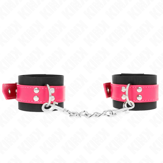 KINK - NYLON WRIST RESTRAINTS BLACK WITH LEATHERETTE BELT RASPBERRY ROSE ADJUSTABLE 19-29 CM X 5.1 CM - 1