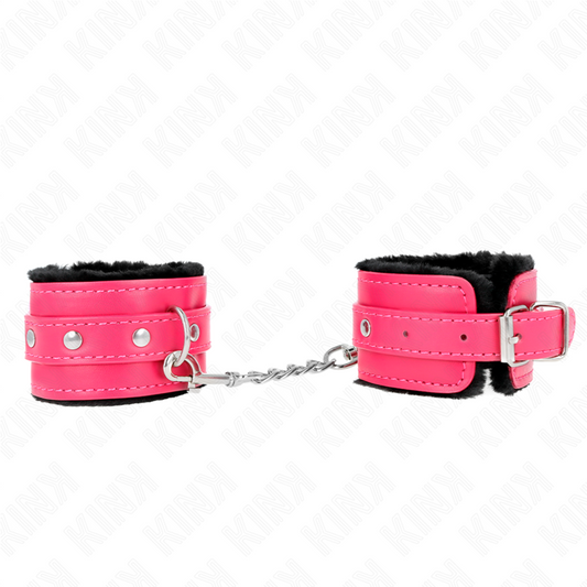 KINK - PREMIUM FUR LINED WRIST RESTRAINTS BLACK WITH RASPBERRY ROSE BELT ADJUSTABLE 17-29 CM X 6 CM - 1
