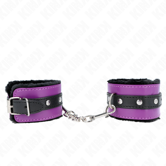 KINK - PREMIUM FUR LINED WRIST RESTRAINTS BLACK WITH PURPLE / BLACK BELT ADJUSTABLE 17-29 CM X 6 CM - 1