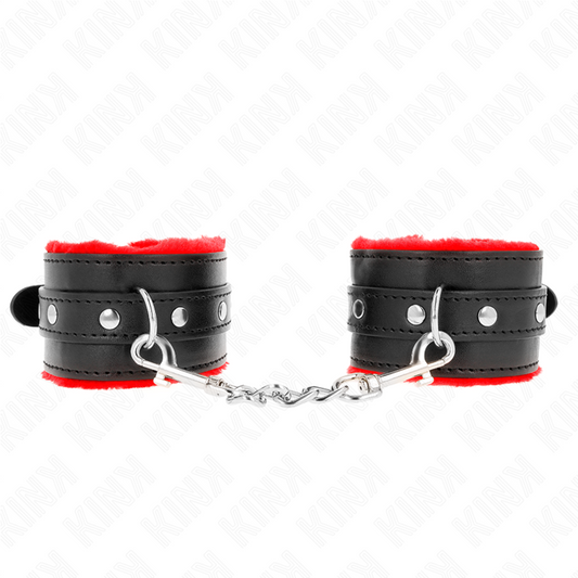 KINK - PREMIUM FUR LINED WRIST RESTRAINTS RED WITH BLACK BELT ADJUSTABLE 17-29 CM X 6 CM - 1