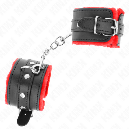 KINK - PREMIUM FUR LINED WRIST RESTRAINTS RED WITH BLACK BELT ADJUSTABLE 17-29 CM X 6 CM - 2