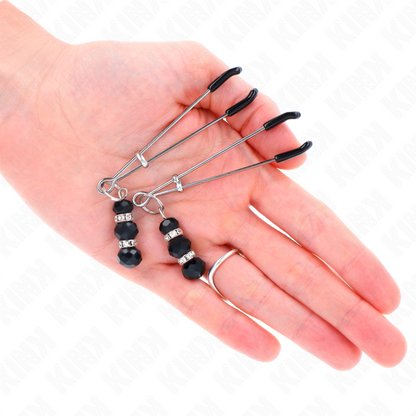 KINK - GOLD THIN NIPPLE CLAMPS WITH 3 BLACK GLASS BEADS 7CM