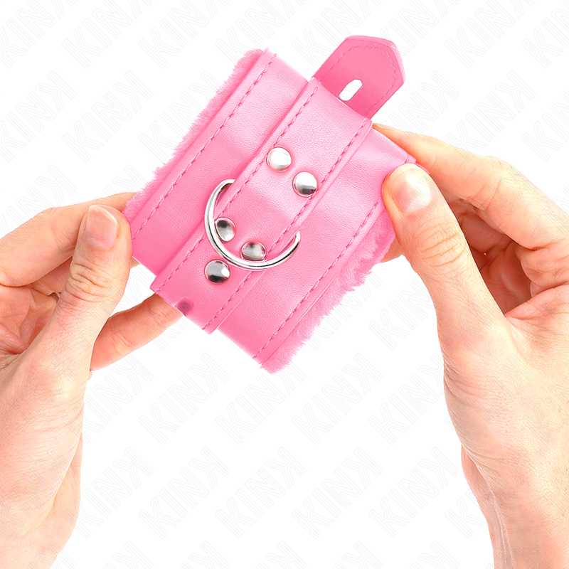 KINK - PINK SQUARE HOLES PADDED FUR CUFFS WITH ADJUSTABLE PINK BELT 17-29 CM X 6 CM