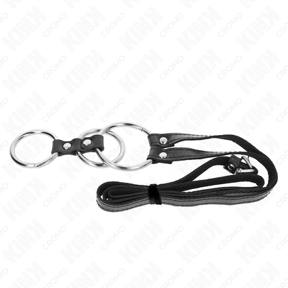 KINK - 1.5"-2" TRIPLE METAL COCK RING WITH 44" LEATHER BELT