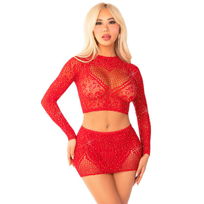 LEG AVENUE - SHINY NET CROP + MINI SKIRT RED - 5