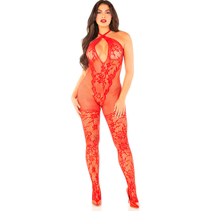 LEG AVENUE - FLOWER PRINT MESH BODYSTOCKING RED ONE SIZE - 2