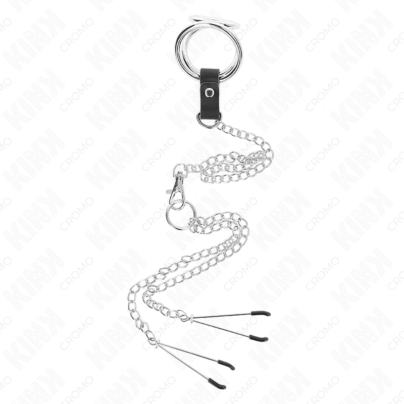 KINK - 3CM-4.5CM TRIPLE CHROME METAL COCK RING WITH 26CM METAL CHAIN ​​AND NIPPLE CLIP