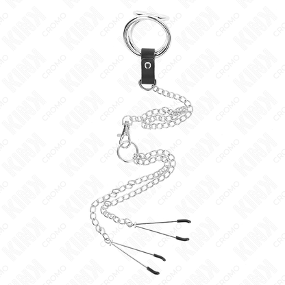 KINK - 3CM-4.5CM TRIPLE CHROME METAL COCK RING WITH 26CM METAL CHAIN ​​AND NIPPLE CLIP