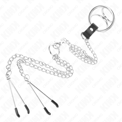 KINK - 3CM-4.5CM TRIPLE CHROME METAL COCK RING WITH 26CM METAL CHAIN ​​AND NIPPLE CLIP