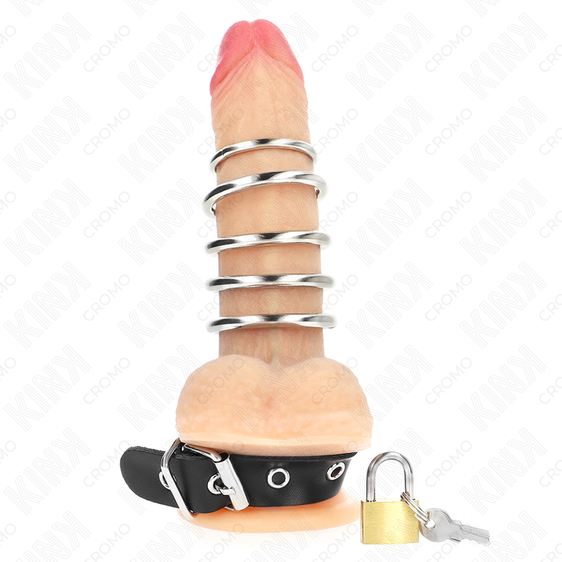 KINK - LEATHER COCK RING WITH LOCKING STRAP 21 X 2 CM AND 5 METAL RINGS FROM 3 CM TO 4 CM