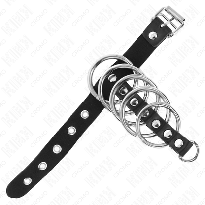 KINK - LEATHER COCK RING WITH LOCKING STRAP 21 X 2 CM AND 5 METAL RINGS FROM 3 CM TO 4 CM