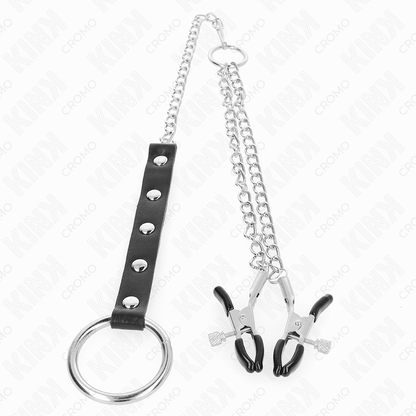 KINK - METAL COCK RING WITH CHAIN ​​AND ADJUSTABLE NIPPLE CLAMPS