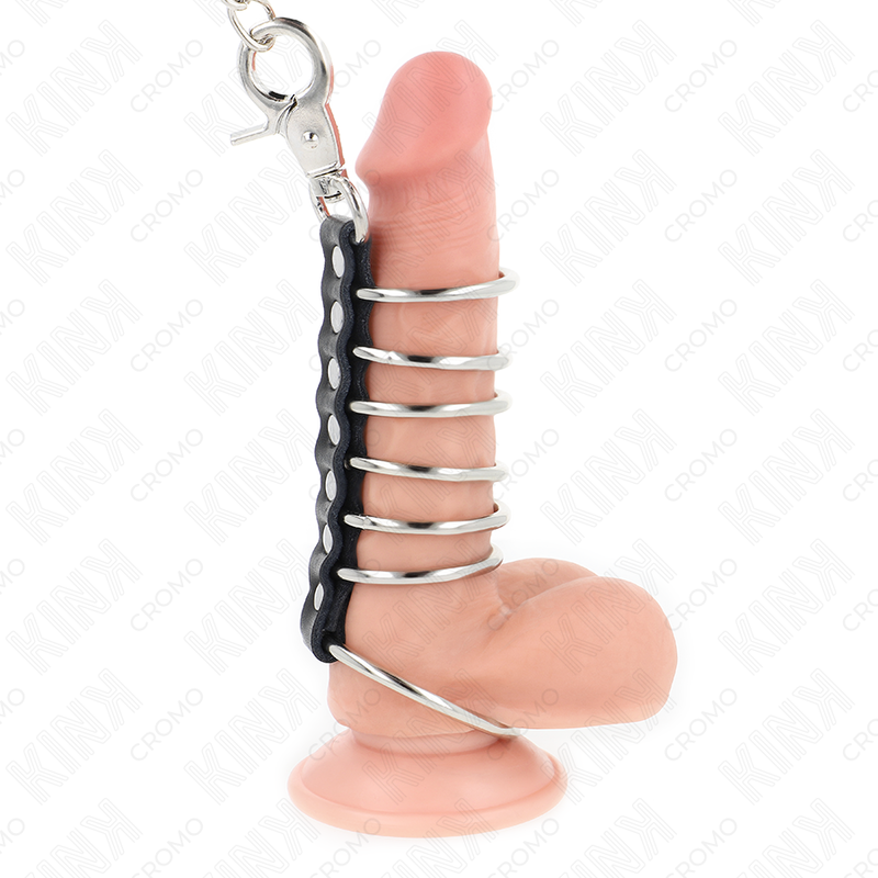 KINK - 7 METAL COCK RINGS 3.8CM TO 5CM CONNECTED WITH LEATHER AND 100CM METAL CHAIN