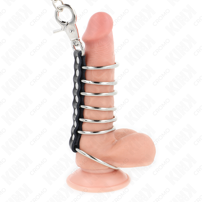 KINK - 7 METAL COCK RINGS 3.8CM TO 5CM CONNECTED WITH LEATHER AND 100CM METAL CHAIN