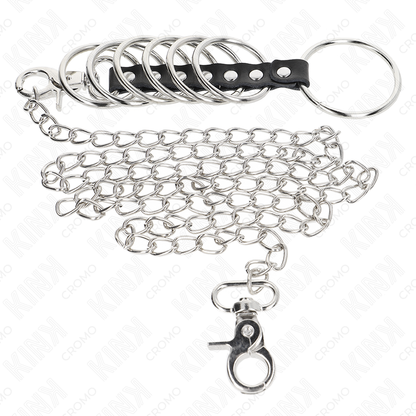 KINK - 7 METAL COCK RINGS 3.8CM TO 5CM CONNECTED WITH LEATHER AND 100CM METAL CHAIN
