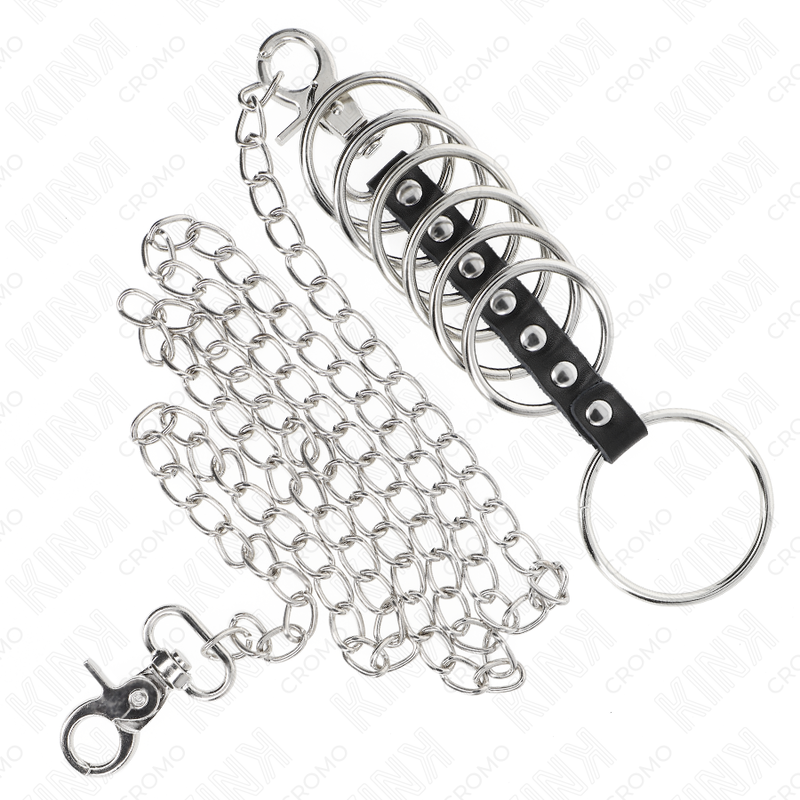 KINK - 7 METAL COCK RINGS 3.8CM TO 5CM CONNECTED WITH LEATHER AND 100CM METAL CHAIN
