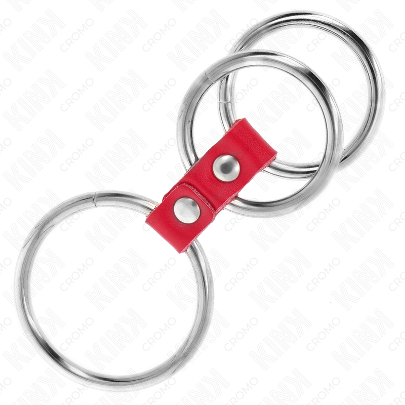 KINK - TRIPLE METAL PENIS RING 3.7 CM TO 5 CM CONNECTED WITH RED LEATHER - 1