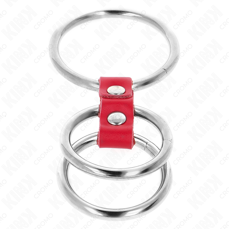 KINK - 3.7CM TO 5CM TRIPLE METAL COCK RING CONNECTED WITH RED LEATHER