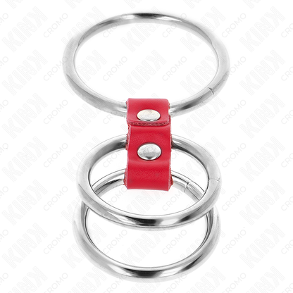 KINK - 3.7CM TO 5CM TRIPLE METAL COCK RING CONNECTED WITH RED LEATHER