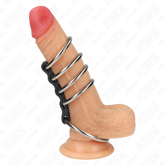 KINK - 5 COCK RINGS 3.7CM TO 5CM METAL CONNECTED BY LEATHER