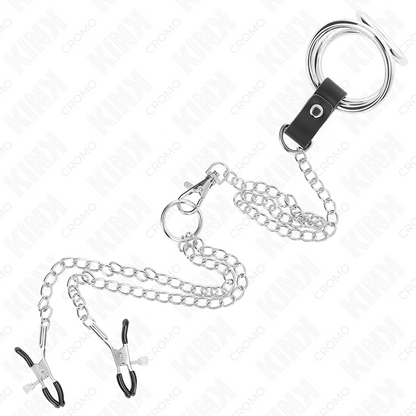 KINK - 3CM-4.5CM TRIPLE CHROME METAL COCK RING WITH 26CM METAL CHAIN ​​AND NIPPLE CLIP